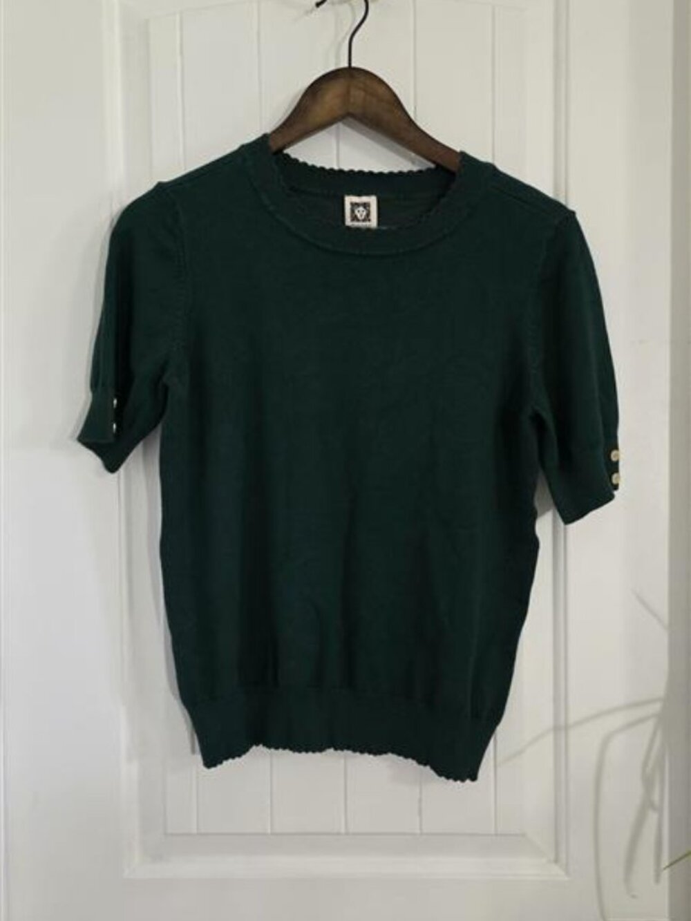 NWT Anne Klein Botanical Green Short Sleeve Sweater Top Gold Buttons M - Picture 2 of 10